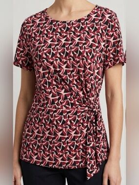 Liz Claiborne Pink and Black Geometric Tie-Waist Short Sleeve Top